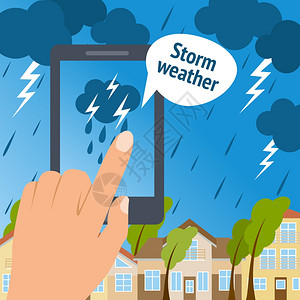 平板电脑屏幕天气预报风暴智能手机海报与雨城背景矢量插图插画