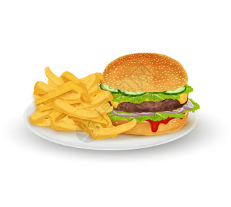 汉堡三明治与薯条盘子快餐隔离白色背景矢量插图图片