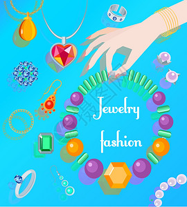 珠宝时尚海报与女手握项链矢量插图图片