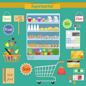 超市平元素与货架购物车钱包矢量插图图片