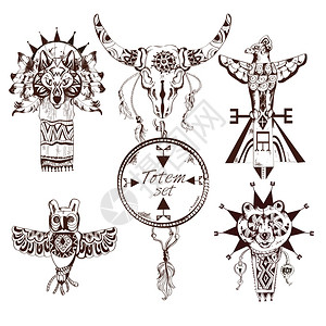 美洲民族部落动物图腾手绘装饰元素集孤立矢量插图背景图片