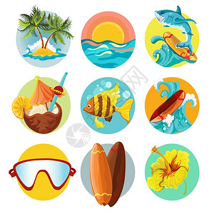 海滩冲浪夏季装饰图标矢量插图图片