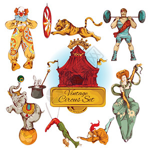 装饰马戏魔术仙棒小丑魔术复古图标涂鸦颜色素描矢量插图图片