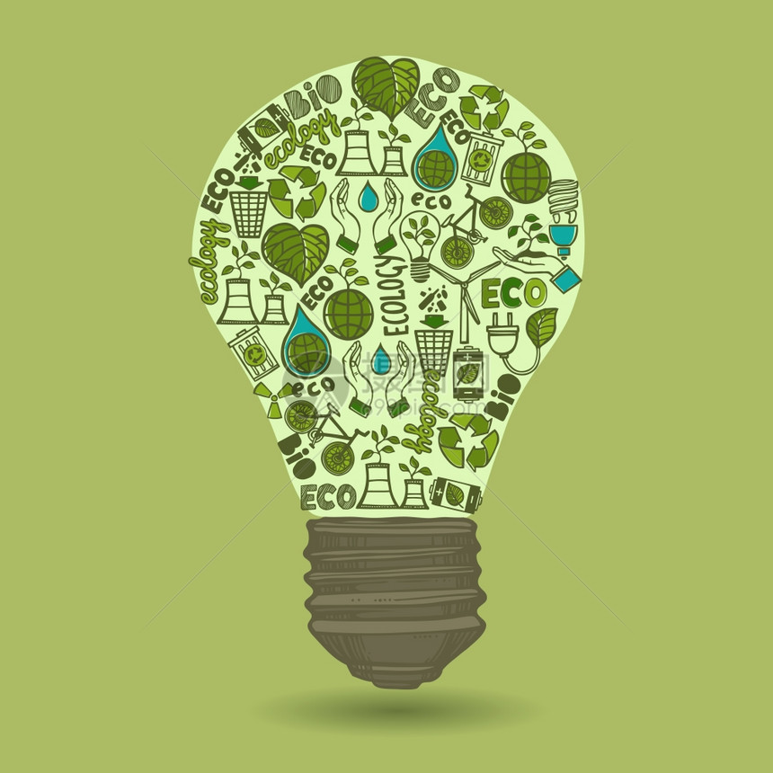 灯泡与草图生态废物图标内部绿色背景矢量插图图片