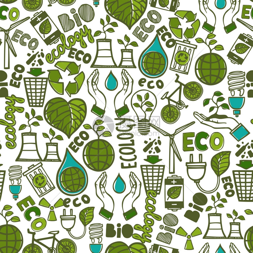生态废物全球保护彩色无缝图案矢量插图图片