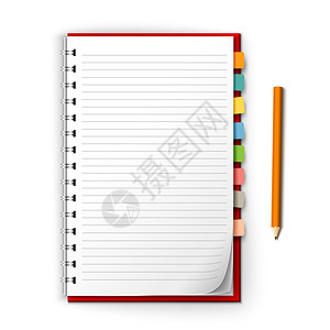 现实的白色内衬记事本与书签提醒铅笔隔离白色背景矢量插图图片