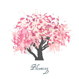 装饰彩色苹果树春季时令花卉符号装饰背景海报格栅抽象素描矢量插图图片