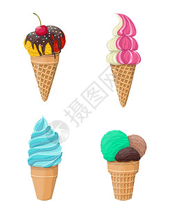 套四个甜冰淇淋图标与樱桃薄荷香草美味隔离白色矢量插图图片