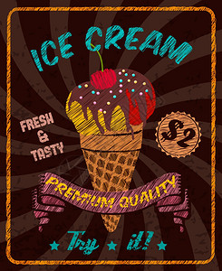 巧克力美味的冰淇淋与樱桃巧克力顶部锥形晶片杯矢量插图图片