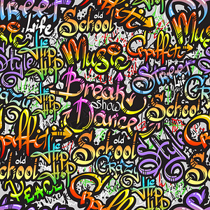 秀出真我字体涂鸦喷漆表情街头疯狂舞蹈秀词无缝彩色图案素描Grunge矢量插图插画