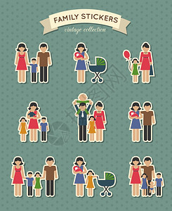 彩色家庭家长儿童图标贴纸,用于剪贴簿矢量插图图片