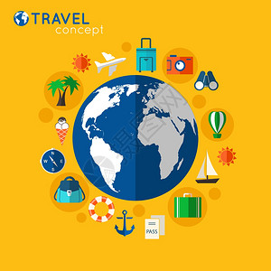 旅行橙色背景下与大蓝色地球仪与旅游度假服务图标矢量插图图片