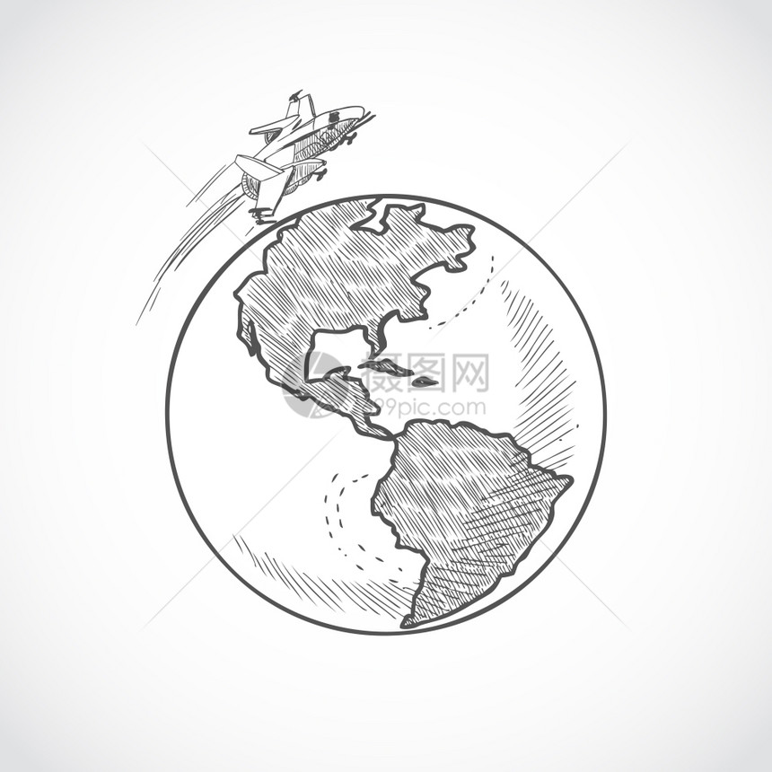 飞机航天飞行器全球飞行的草图图标隔离白色背景矢量插图上图片