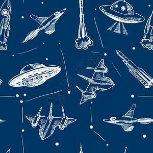 航天飞机火箭UFO恒星中飞行素描无缝图案矢量插图图片