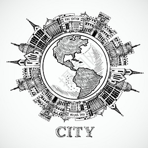 旅行的素描风格与建筑周围的全球矢量插图图片