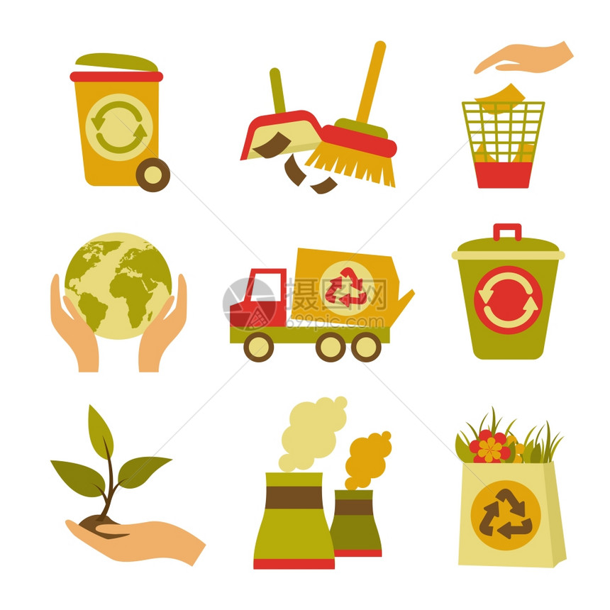 生态废弃彩色图标套垃圾桶,全球植物孤立矢量插图图片