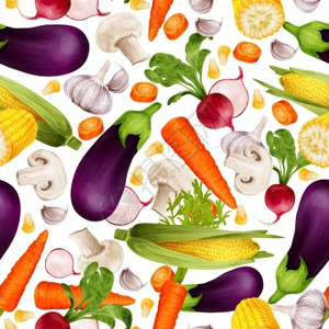 大蒜发芽蔬菜机食品现实无缝模式与切割胡萝卜玉米秸秆茄子矢量插图插画