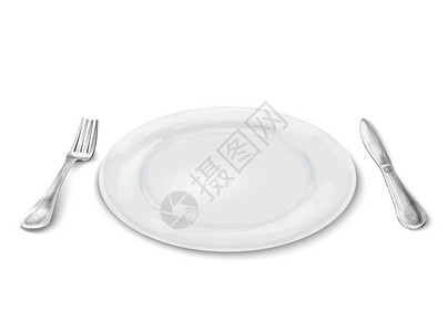 空白色现实餐盘与刀叉隔离白色背景矢量插图上图片