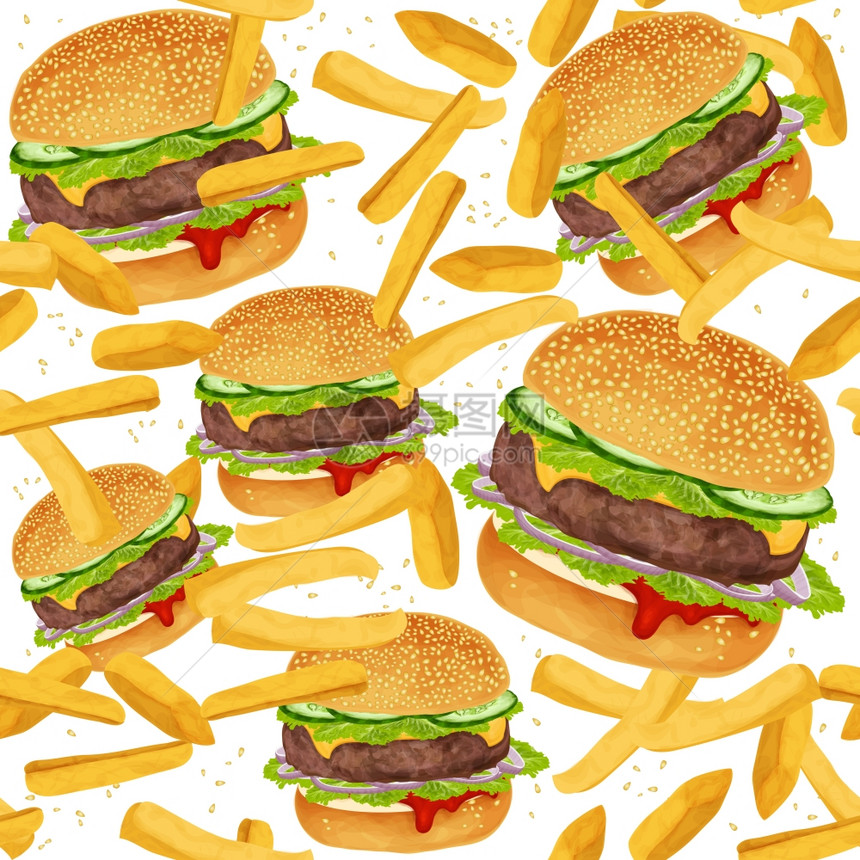 快餐无缝图案与汉堡包炸薯条矢量插图图片