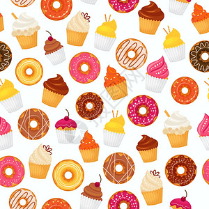 香甜可口的食物,甜点甜甜圈纸杯蛋糕无缝图案矢量插图图片