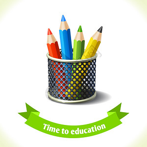 现实学校彩色铅笔图标与丝带横幅隔离白色背景矢量插图图片