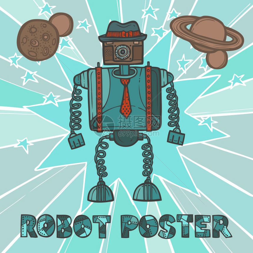 蓝色时髦的机器人嬉皮士复古人形与帽子领带海报矢量插图图片
