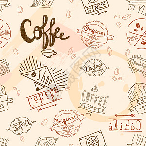 复古咖啡邮票无缝图案咖啡厅壁纸矢量插图图片