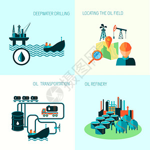 工业社会石油工业经营理念汽油柴油生产燃料分配运输四个图标成矢量图插画
