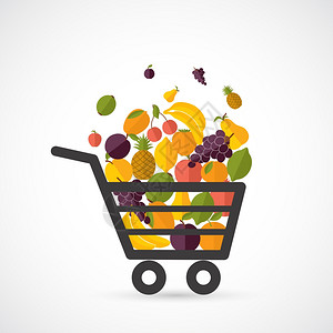 阿米什农场购物车与新鲜水果平风格矢量插图插画