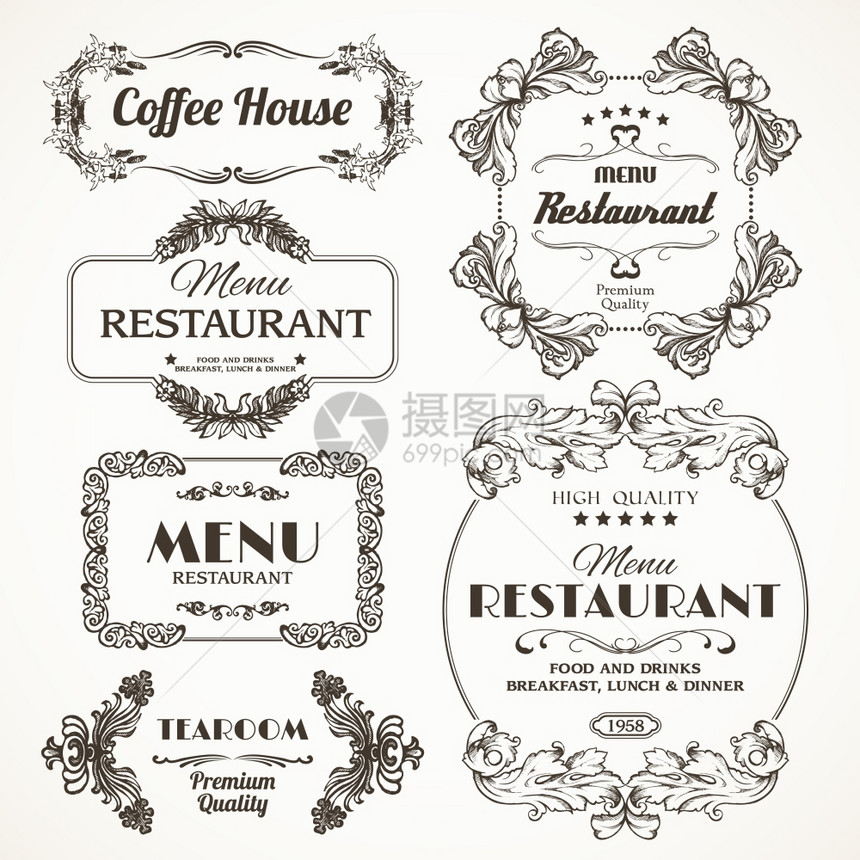 装饰花卉浪漫装饰餐厅菜单框孤立矢量插图图片