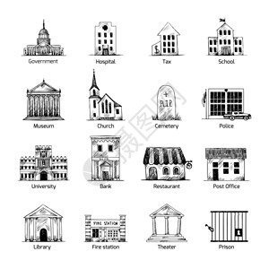 图米奥教堂大楼图标手绘制风格的后公墓博物馆,学校教堂剧院矢量插图插画