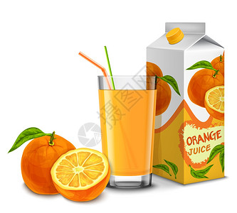 橙汁包装现实橙汁璃与鸡尾酒吸管纸包分离白色背景矢量插图插画