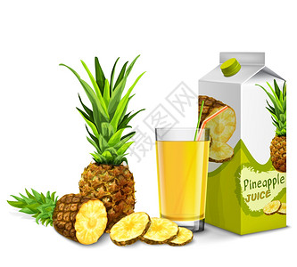 菠萝汁饮料现实菠萝汁璃与鸡尾酒吸管纸包分离白色背景矢量插图插画