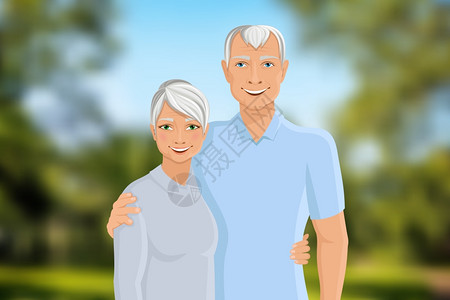 老人家庭夫妇半长肖像户外背景矢量插图图片