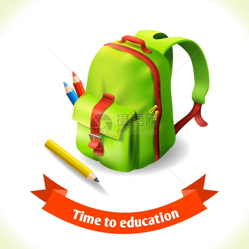 现实的绿色背包与铅笔教育图标矢量插图图片