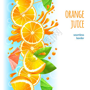 切片橘子与叶子果汁飞溅水果边界矢量插图图片