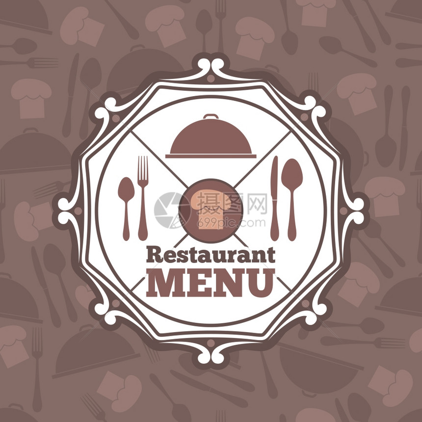餐厅菜单模板与厨师帽餐具图标矢量插图图片