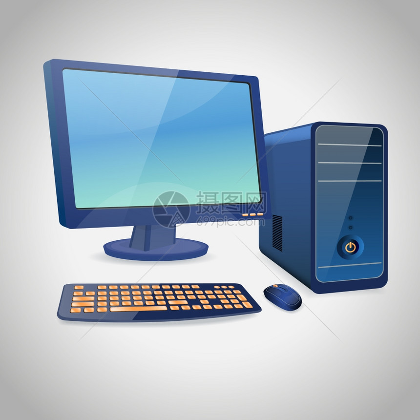 计算机外围配件蓝色套监控机箱键盘鼠标隔离矢量插图图片