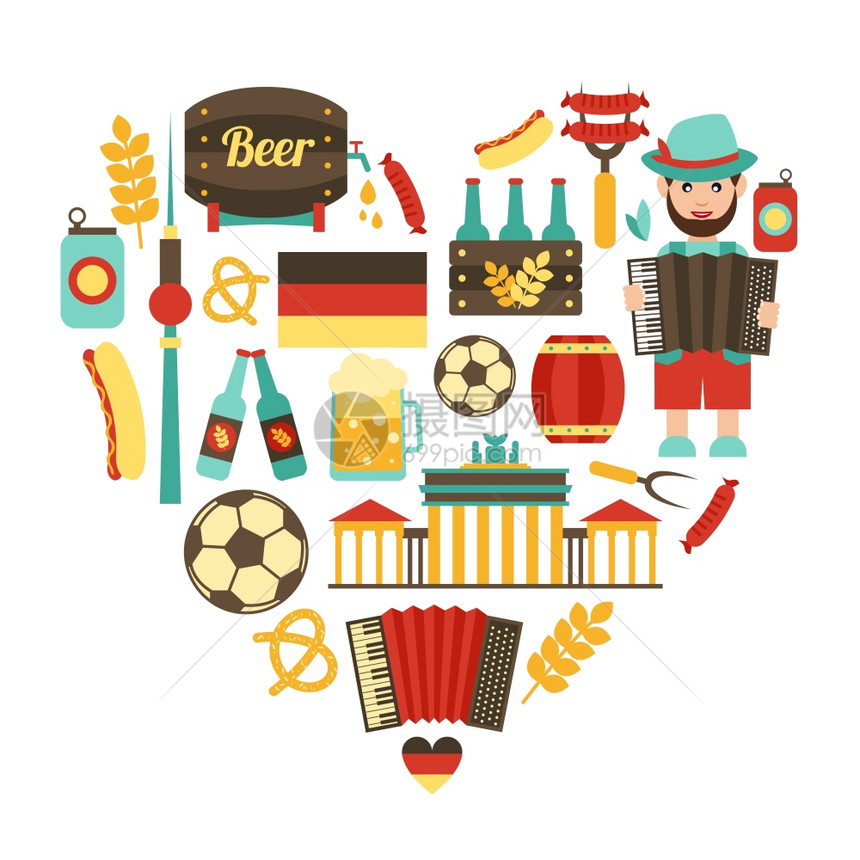 德国旅游传统食品景点图标心集矢量插图图片
