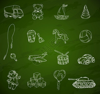 绿色飞机玩具老式儿童玩具草图图标绿色黑板背景孤立矢量插图插画