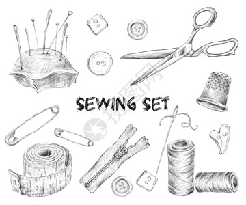 顶针缝纫草图集与裁缝工具,针线刺绣配件隔离矢量插图插画