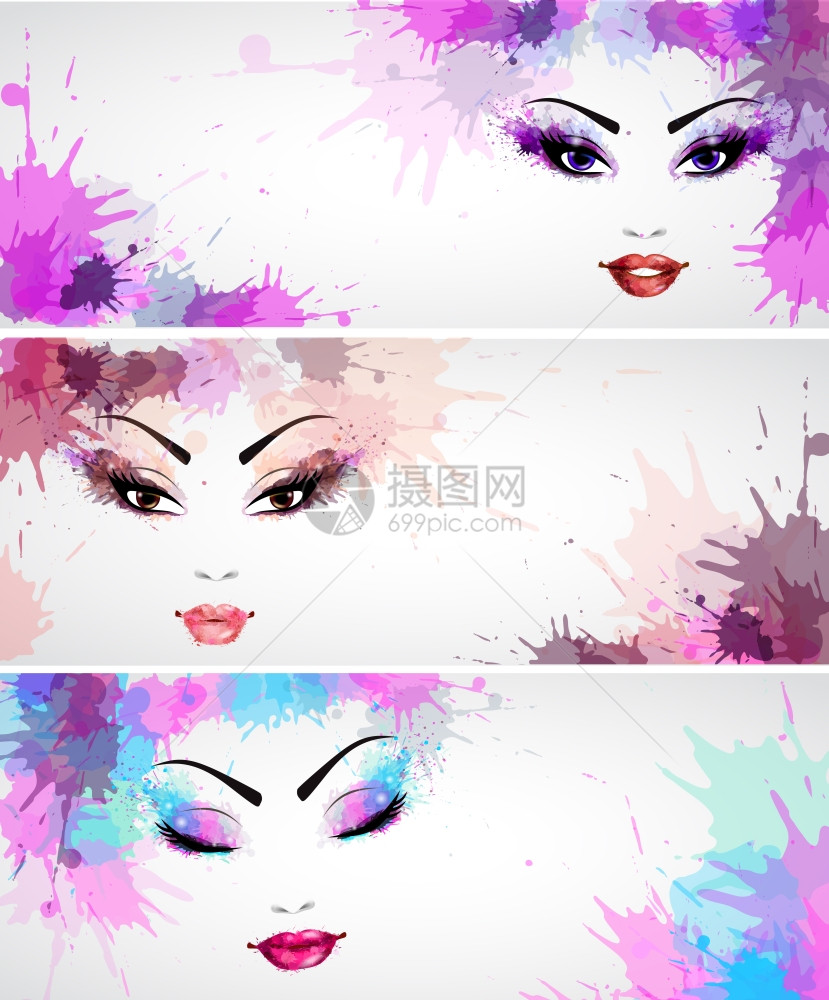 套横幅与时尚抽象的女人皱着脸与紫色粉红色蓝色化妆矢量插图图片