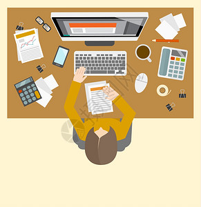办公室商业会计管理工作场所与女投资增长计算机图标矢量插图图片