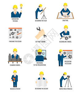 套建筑行业工程师工人图标的平风格的专业科学矢量插图图片