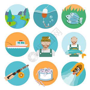 图兹湖河流渔民船杆图标平风格的圆圈矢量插图插画