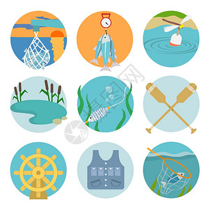 湖桨捕捉图标的平风格的彩色圆圈矢量插图图片