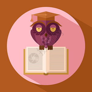 紫色猫头鹰毕业帽着打开的书平矢量插图背景图片