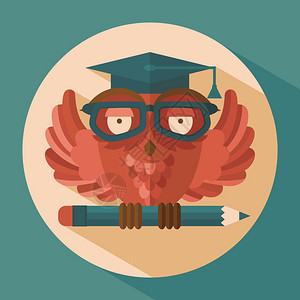 毕业元素图标红色猫头鹰毕业帽铅笔平矢量插图插画