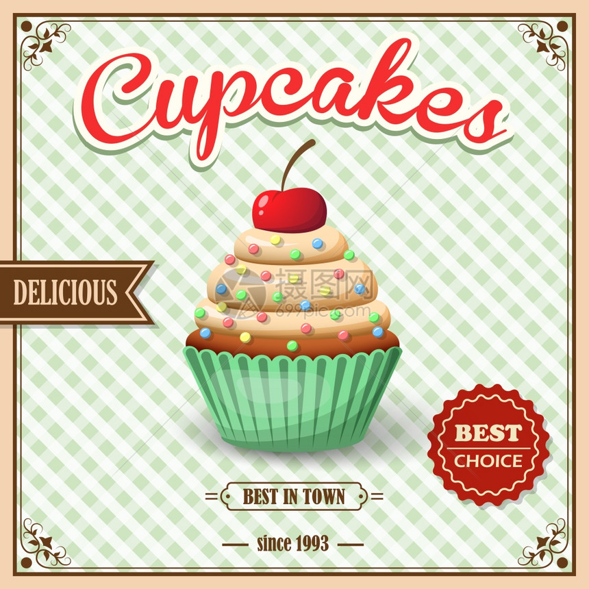 甜食,甜点,美味的纸杯蛋糕,咖啡馆复古海报上的方形背景矢量插图图片