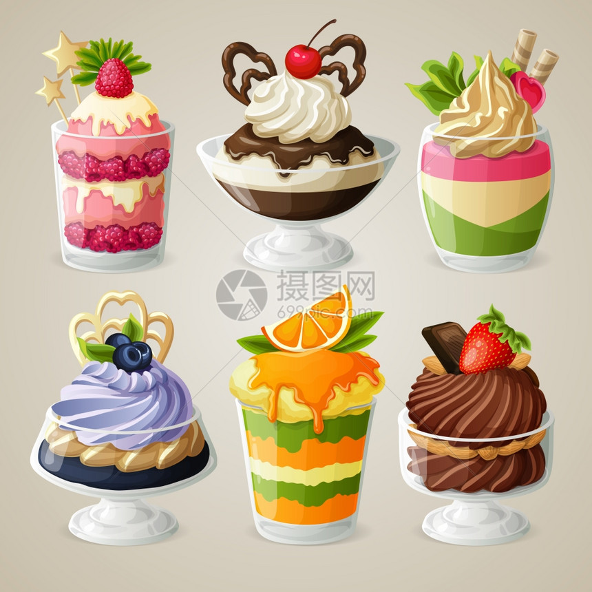 装饰糖果冰淇淋摩丝璃甜点与巧克力水果薄荷分离矢量插图图片